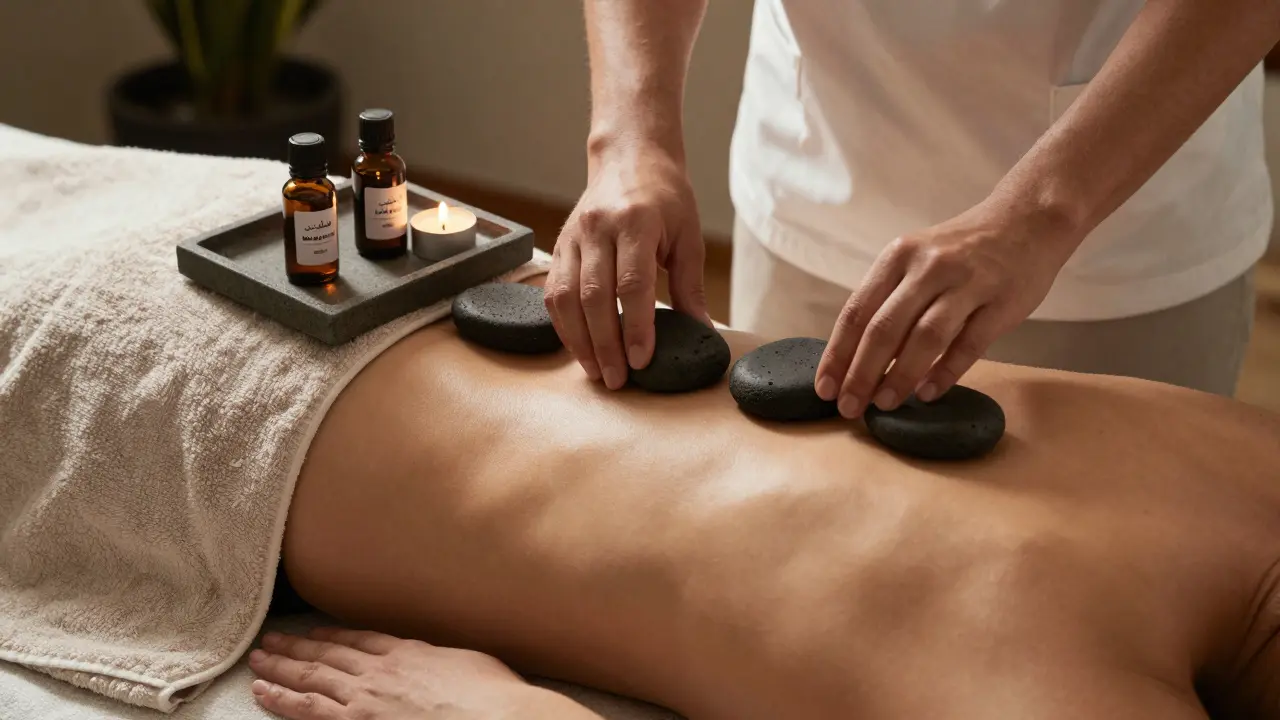 Therapist using warm stones on a client's back with organic oil bottles nearby.