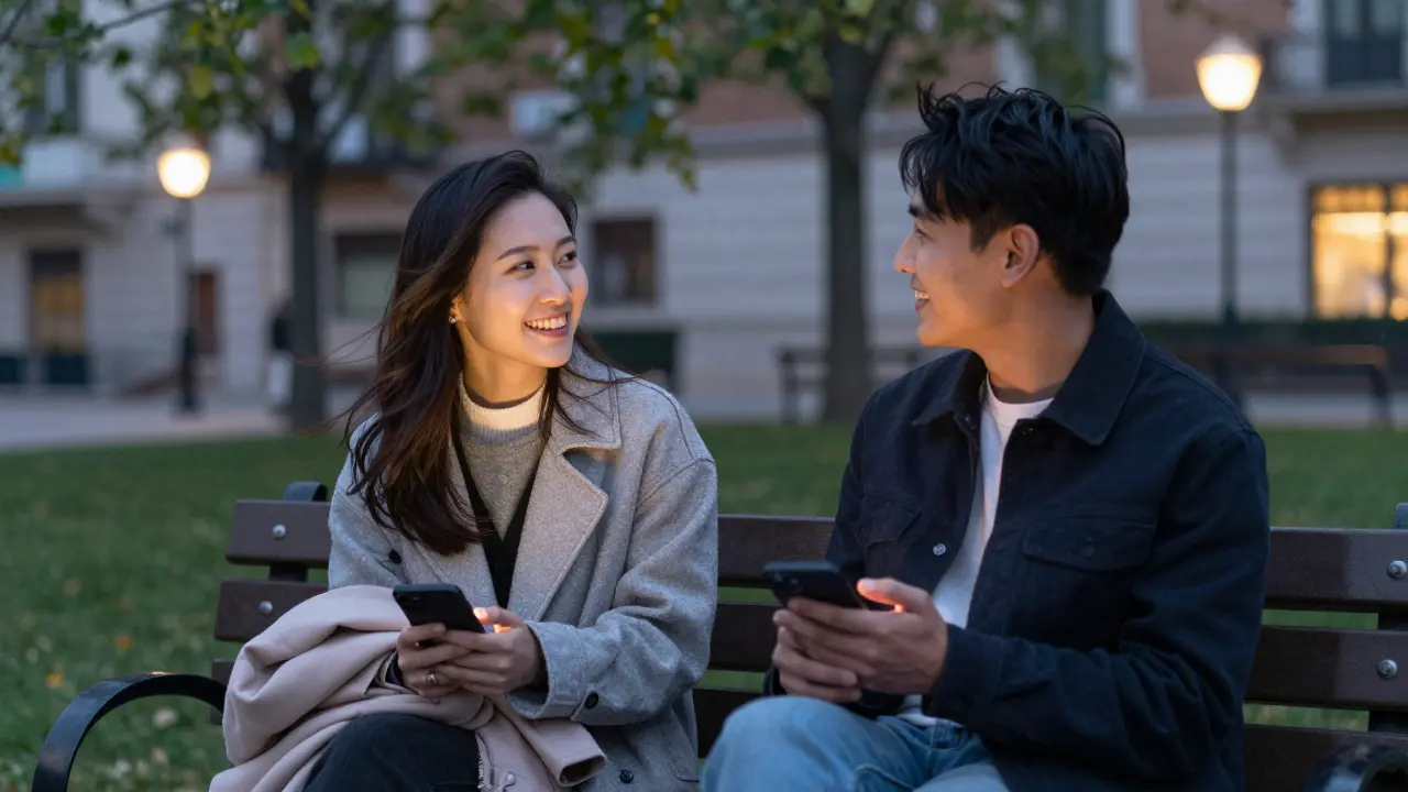 Two friends chatting on a park bench at dusk, smiling, no phones in sight.
