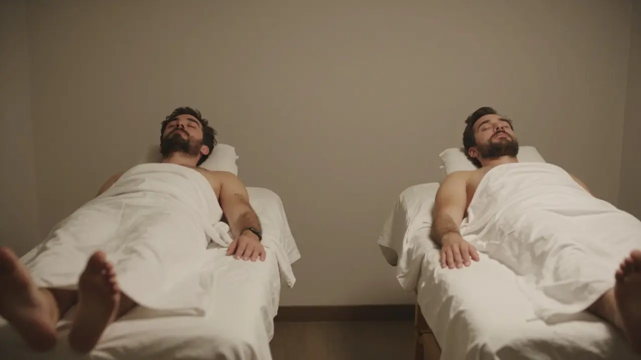 Two men relaxing on side-by-side massage tables in a calm, minimalist room, each alone in their recovery.