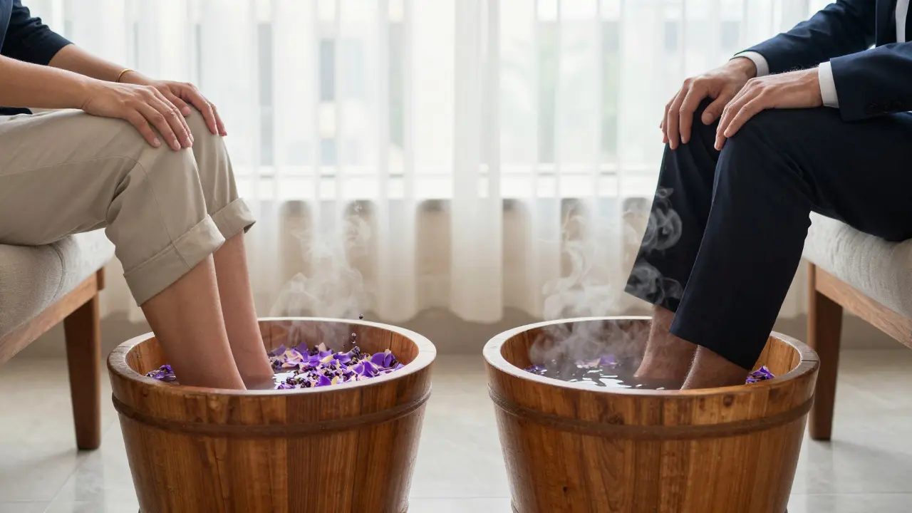 Two pairs of feet soaking in wooden bowls with lavender petals, one in business attire, one casual.