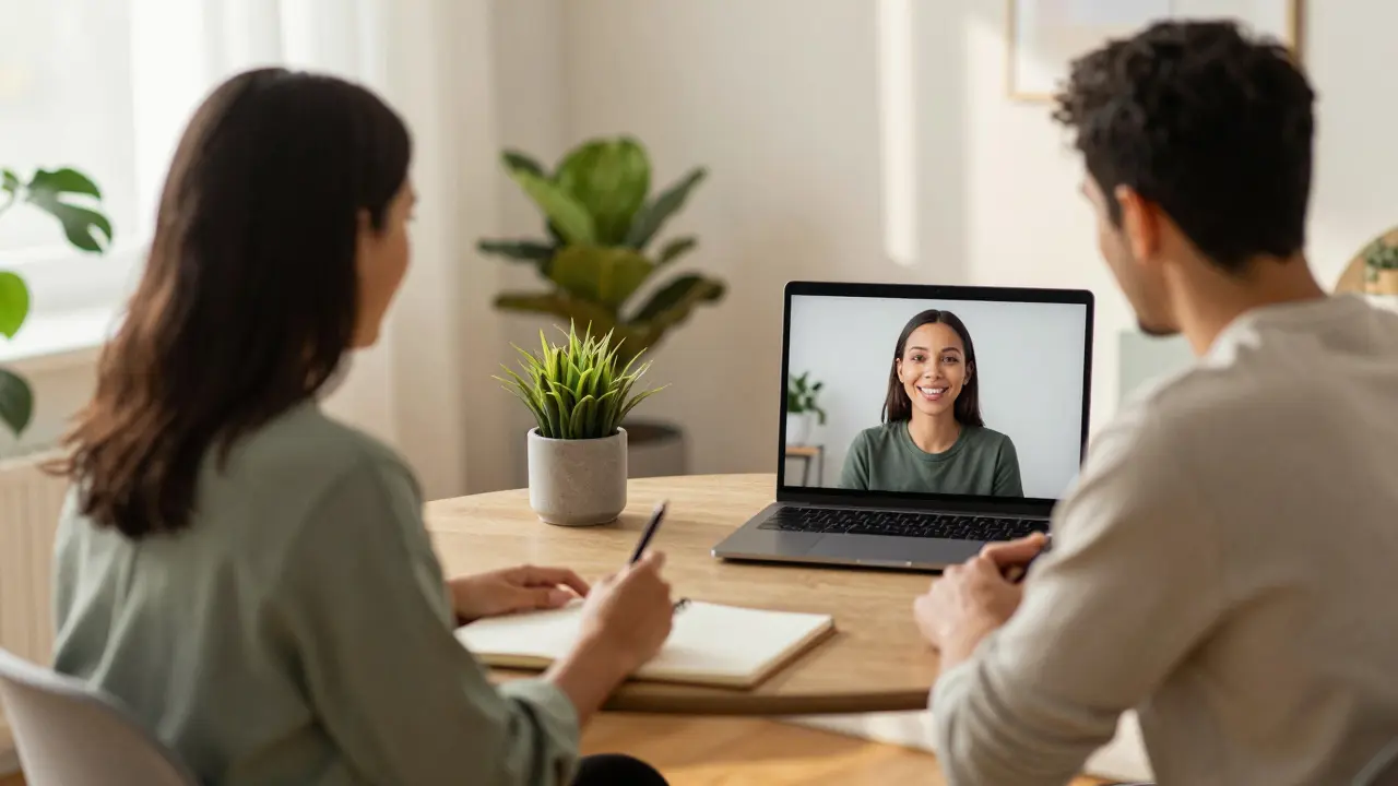 Two people having a wellness coaching session over Zoom in a quiet home setting.