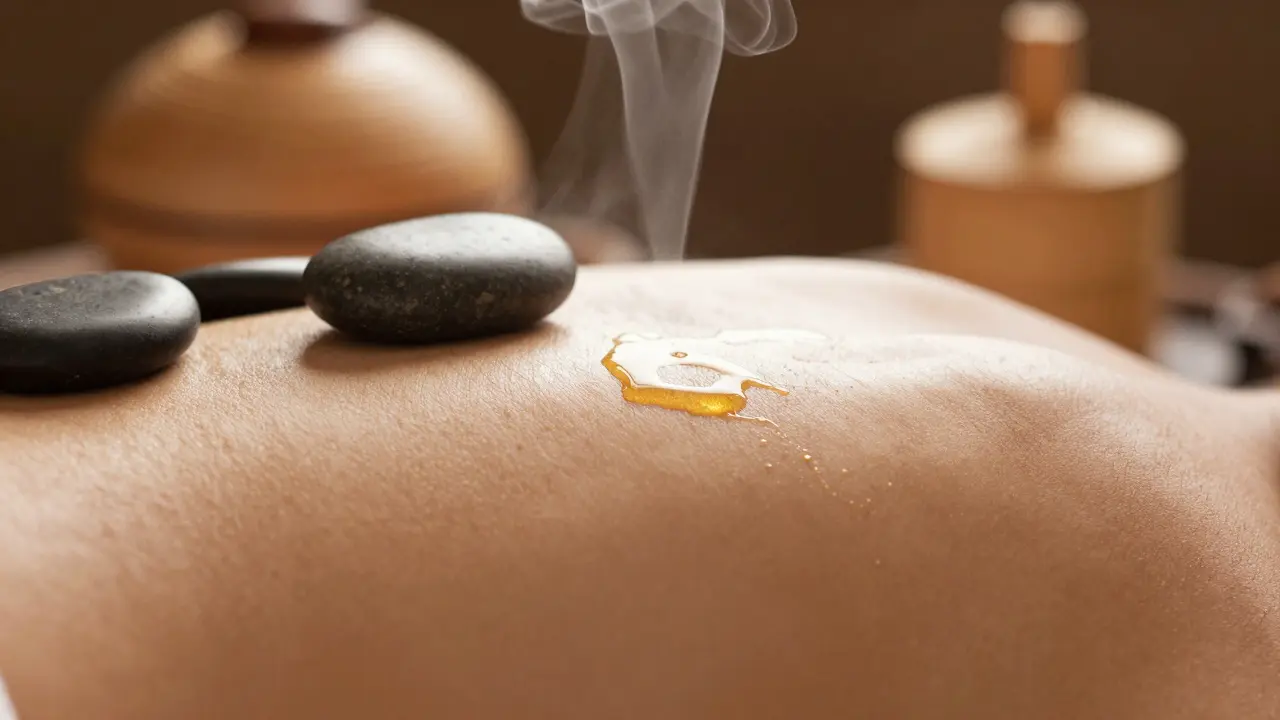 Warm stones on bare skin with glistening massage oil, soft background vapor.