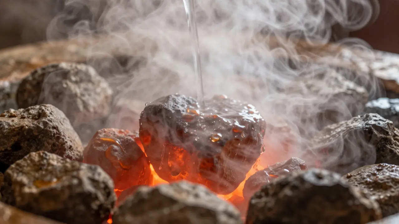 Water being poured over hot rocks, creating a burst of steam in a steam room.
