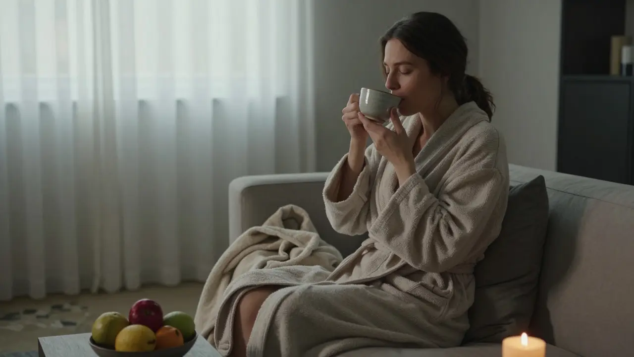 Woman in robe sipping tea in a quiet spa lounge, eyes closed, natural light streaming in.