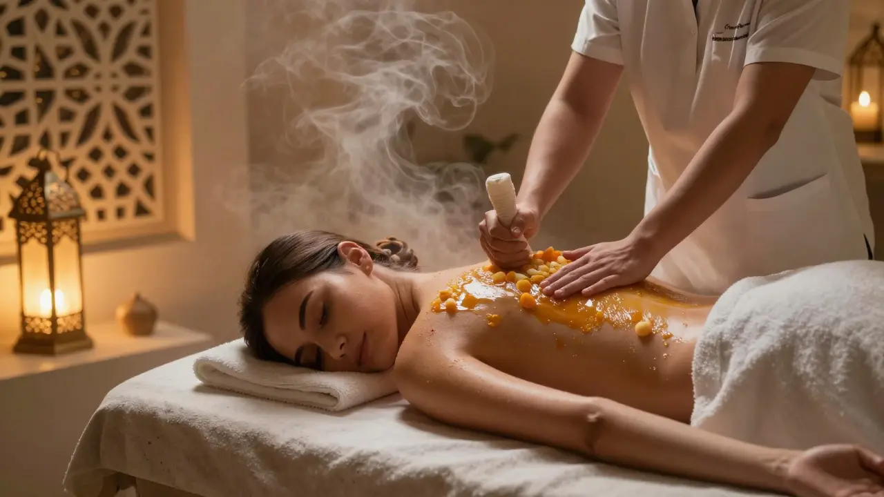 Woman receiving a body scrub in a Dubai spa with steam rising around her.