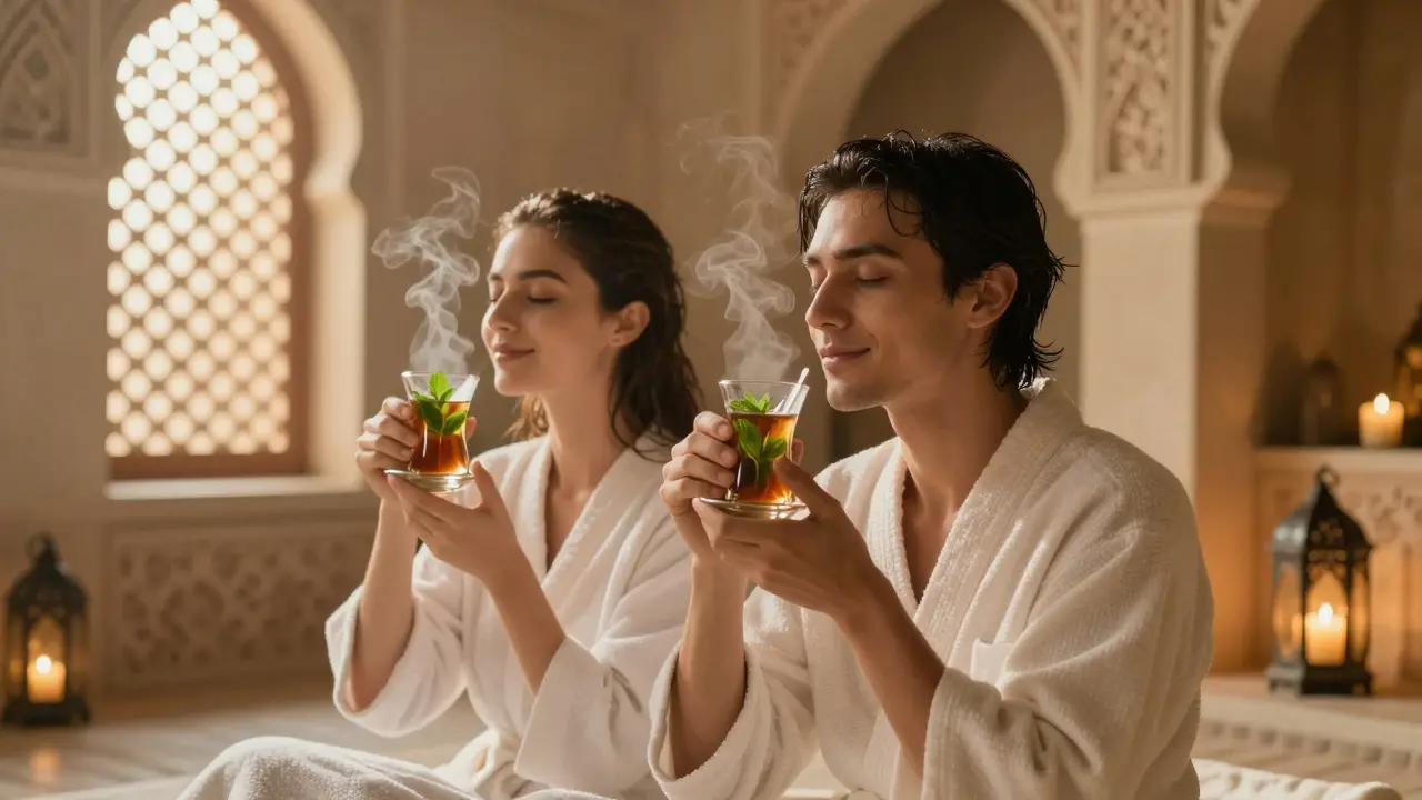A couple relaxing with mint tea after a hammam, eyes closed, surrounded by lanterns and arches.