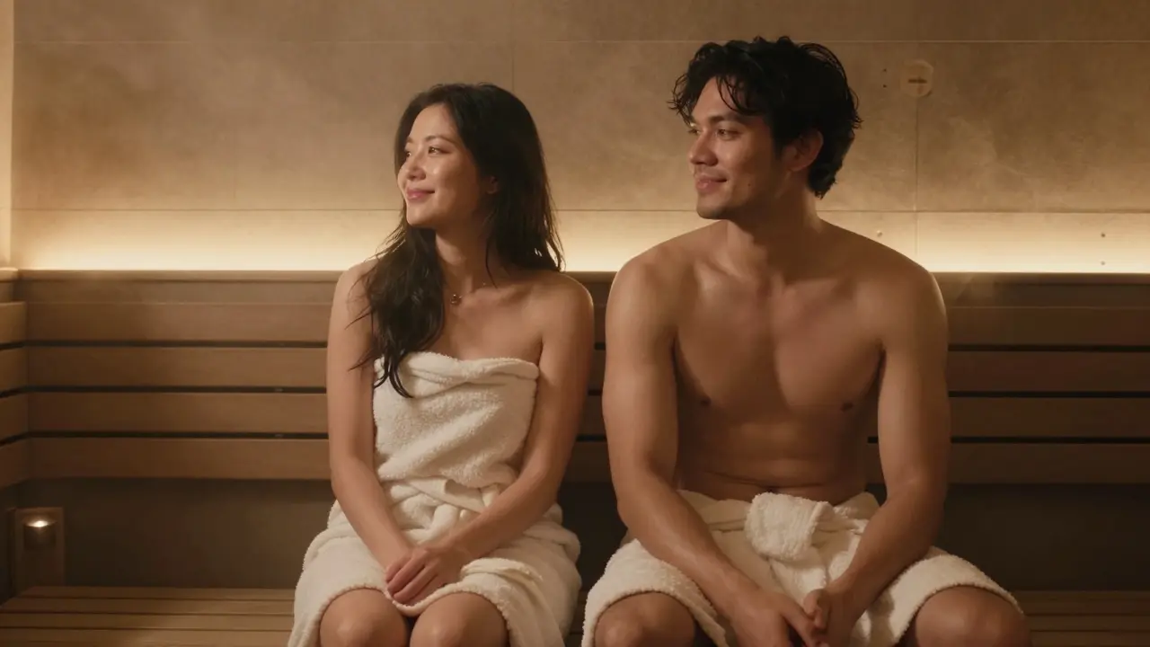 A couple sitting quietly together in a steam room, smiling and relaxed.