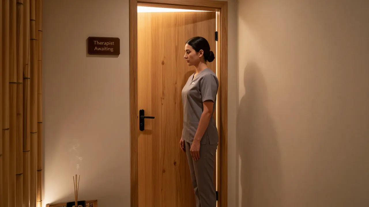 A female therapist in uniform standing respectfully outside a private massage room in a Dubai luxury spa.