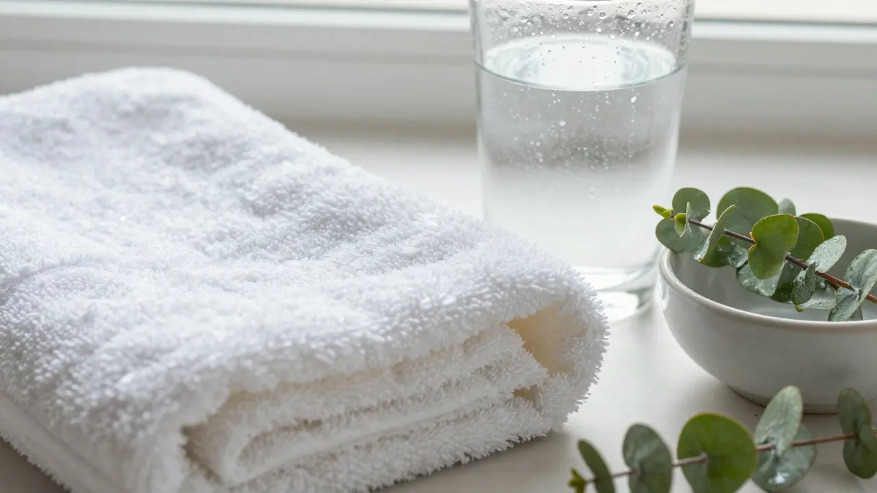 A folded cotton towel beside a glass of water and eucalyptus leaves.