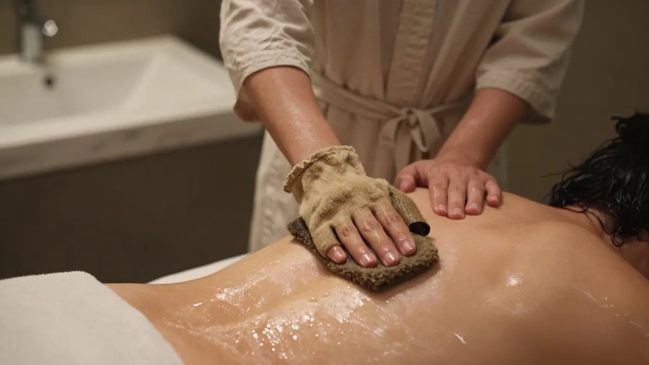 A kashta gently scrubbing a client's back with a kessa glove in a humid, private hammam suite.
