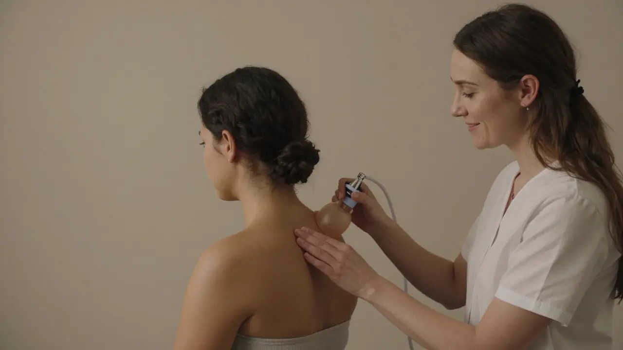 A licensed therapist gently applying a silicone cup to a client's shoulder in a peaceful room.