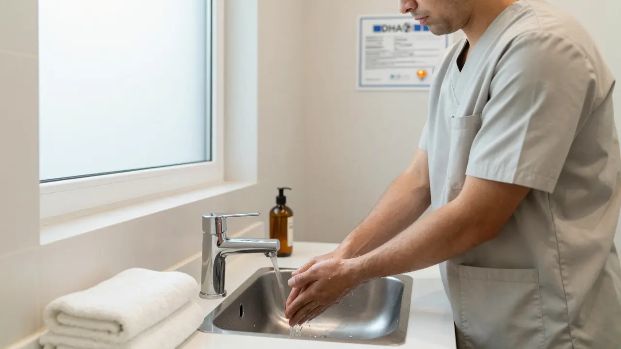 A male massage therapist washing hands in a clean spa bathroom, with a DHA license visible on the wall.