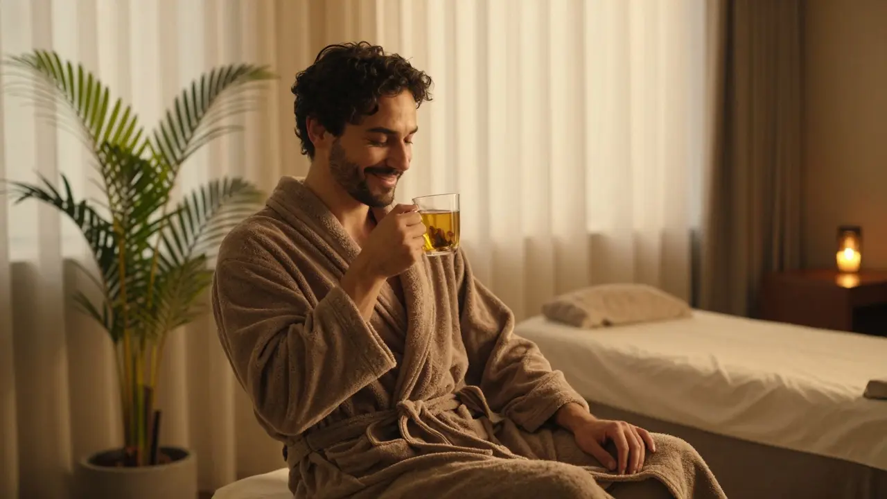 A man smiling while sipping tea in a peaceful spa lounge, wearing a robe, bathed in soft golden light.