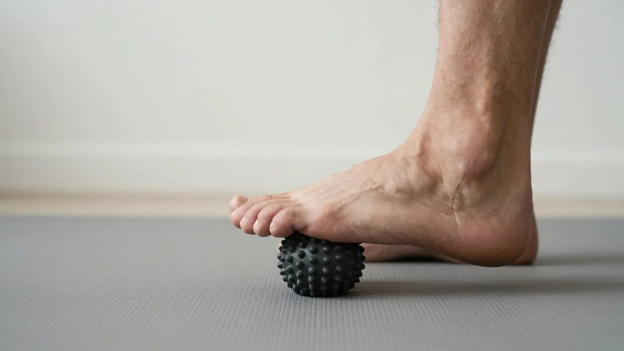 A massage ball pressing into a man's foot during self-care recovery.