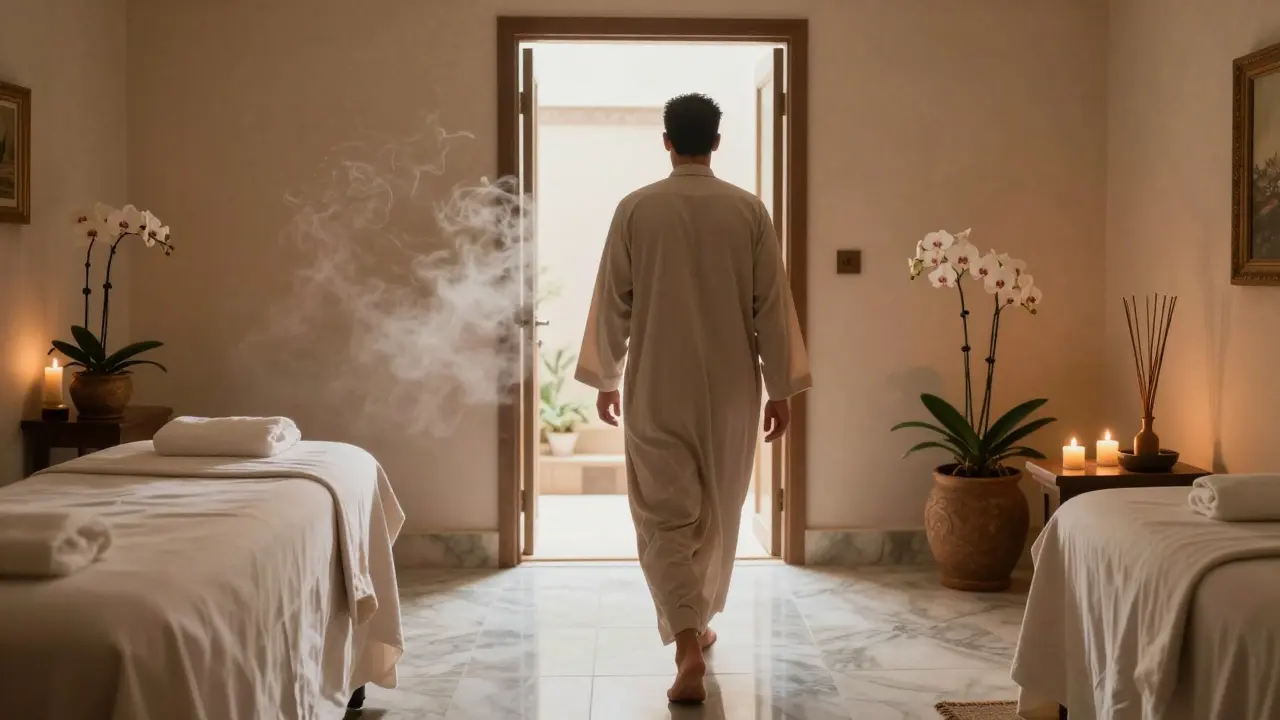 A person in a robe walking barefoot on marble toward a treatment room with steam and candles in the background.