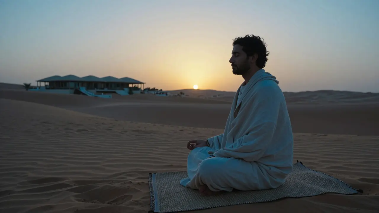 A person meditating alone at sunrise in the desert near Dubai.