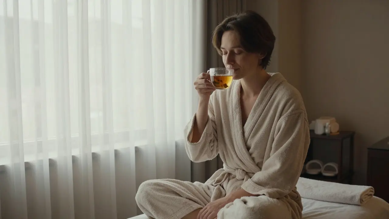 A person relaxing in a robe after a massage, sipping tea in a peaceful spa lounge.