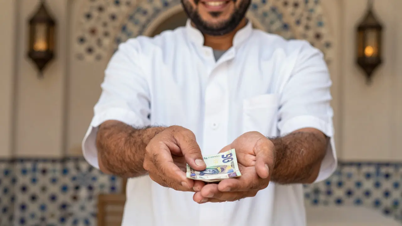 A smiling hammam attendant offering a 50 AED tip in their hand, with mosaic walls in the background.