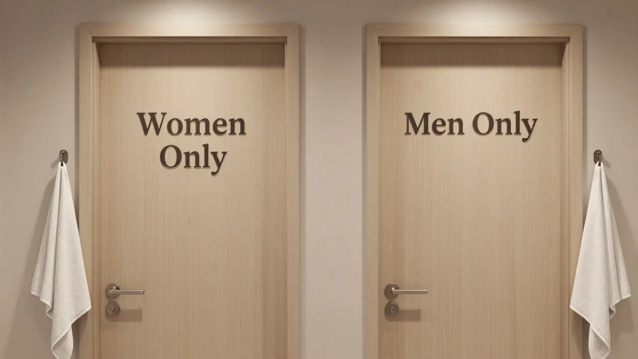 A spa entrance with clearly labeled 'Women Only' and 'Men Only' doors, clean and serene.