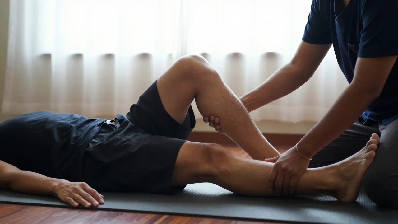 A Thai therapist using their knee to gently stretch a client's leg during a fully clothed massage session.