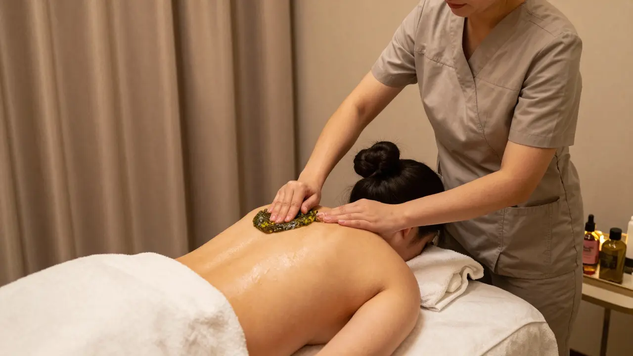 A therapist applying a botanical scrub to a guest's back before a Vichy shower in a serene spa setting.