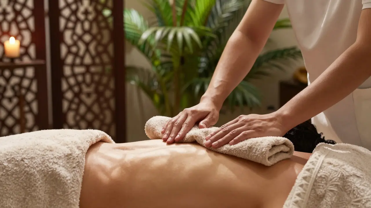A therapist draping a warm towel over a client's back during a massage.