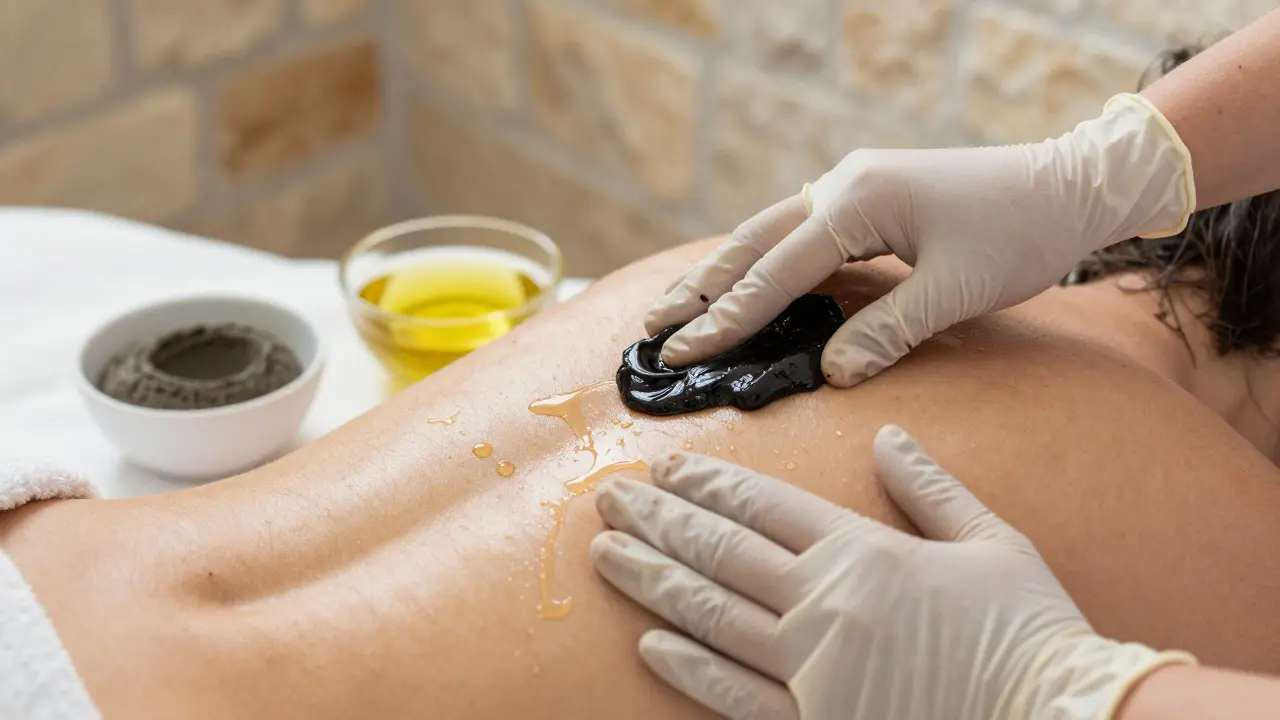 A therapist exfoliates a back with a coarse glove, soap and water dripping.