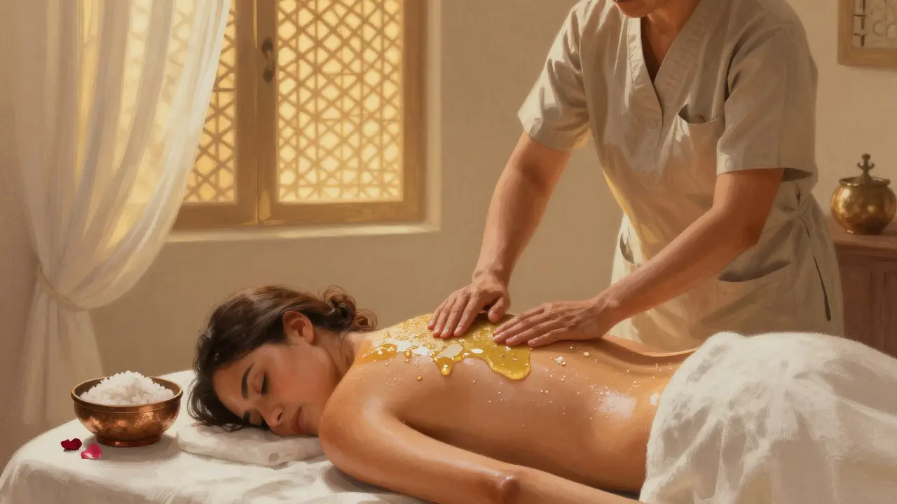 A therapist gently applying a desert salt scrub using natural oils in a softly lit treatment room.