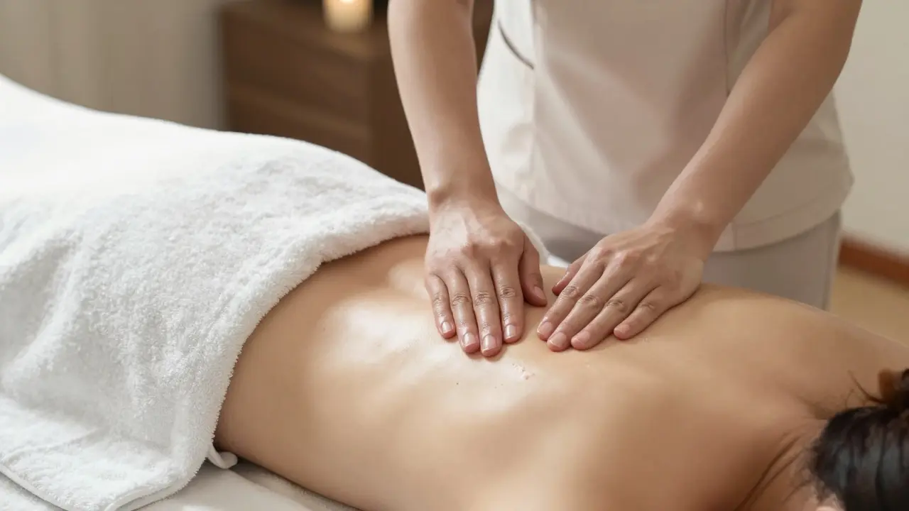 A therapist gently massaging a client's back while a towel covers the client's body for privacy.