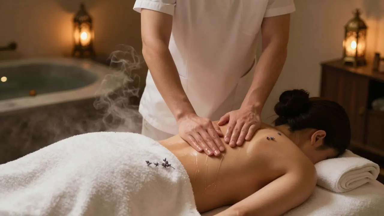 A therapist giving a massage with towels and warm steam in a quiet spa room.