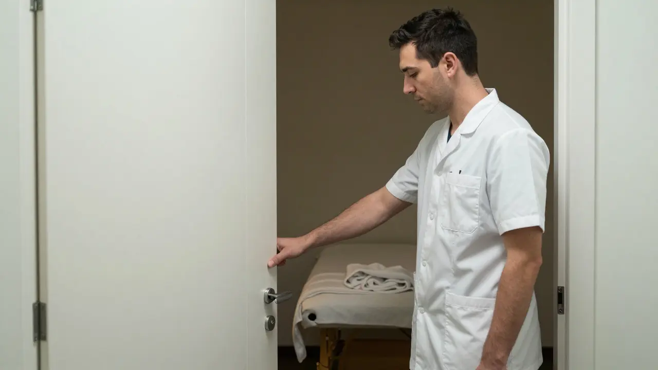 A therapist in uniform knocking on the door of a private massage room before entering.