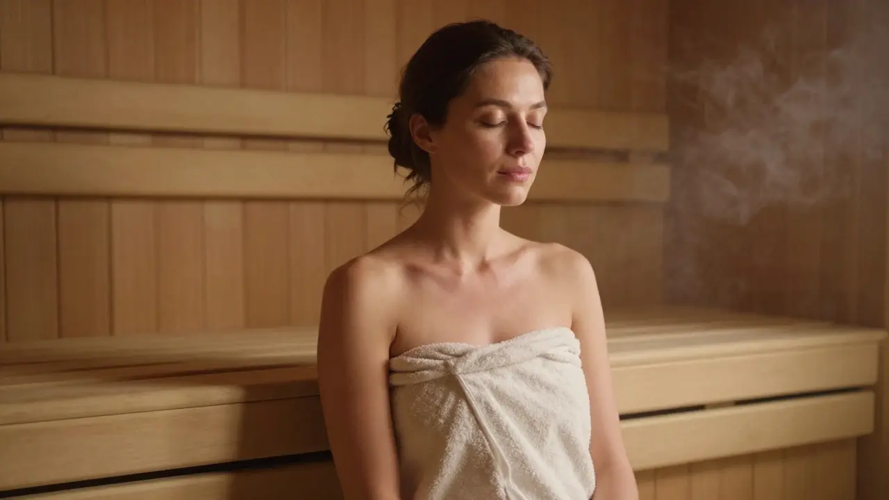 A woman sitting calmly in a sauna, wrapped in a cotton towel, eyes closed.