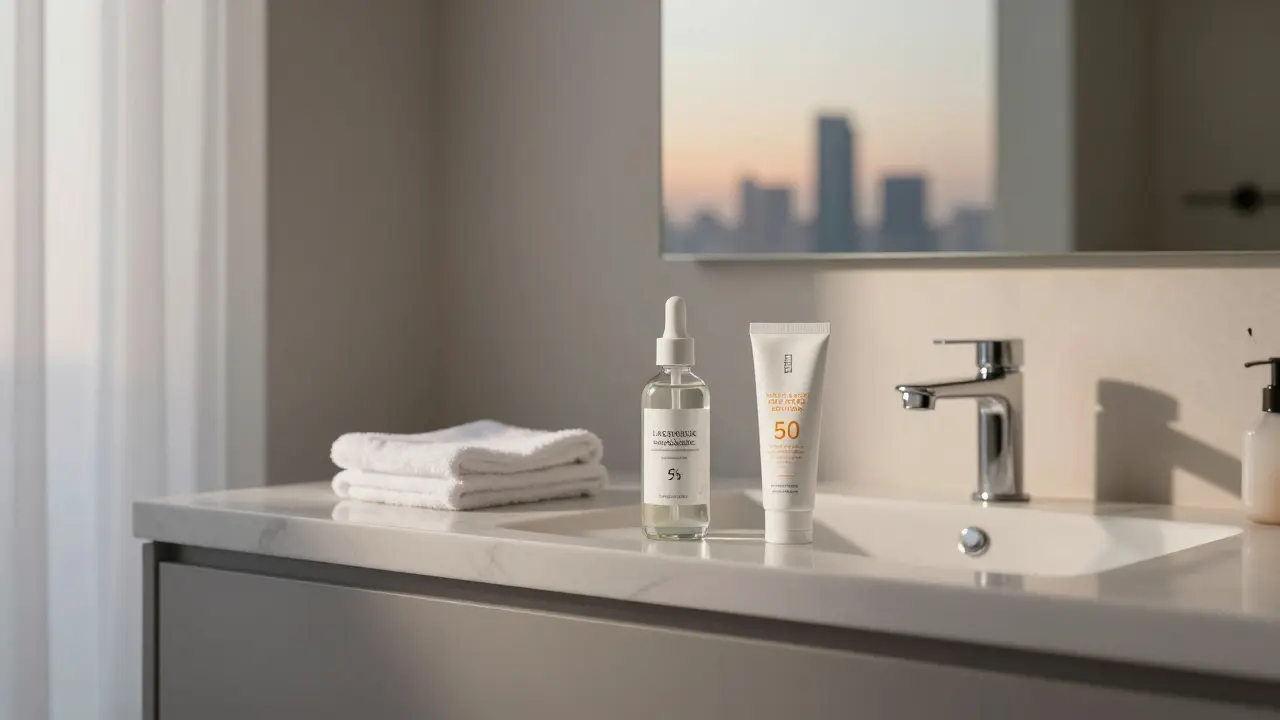 Bathroom counter in Dubai with lactic acid serum, moisturizer, and sunscreen.