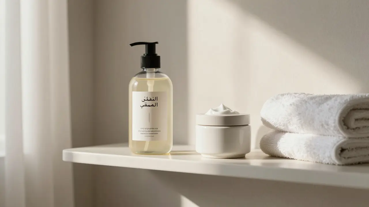 Bathroom shelf with natural body scrub, moisturizer, and towel in Dubai-style setting