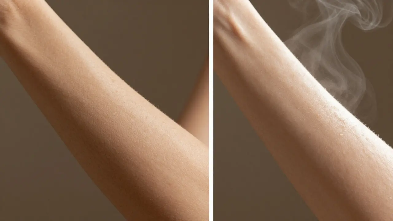 Before-and-after comparison of rough versus smooth elbow skin.