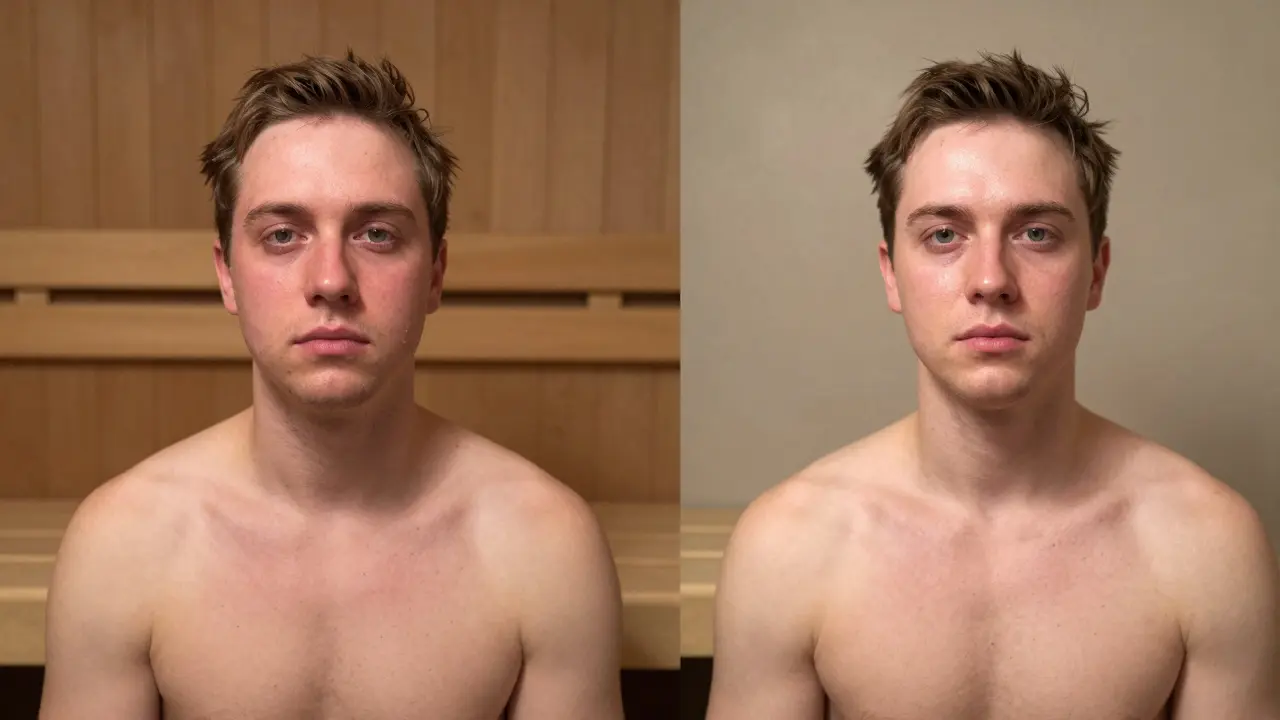 Before and after sauna appearance side by side, showing natural skin glow and reduced puffiness.
