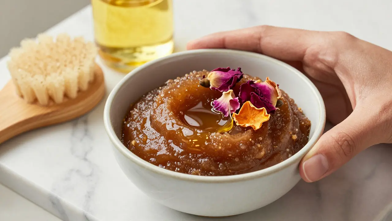 Ceramic bowl containing sugar scrub with rose petals and coconut oil on marble counter.
