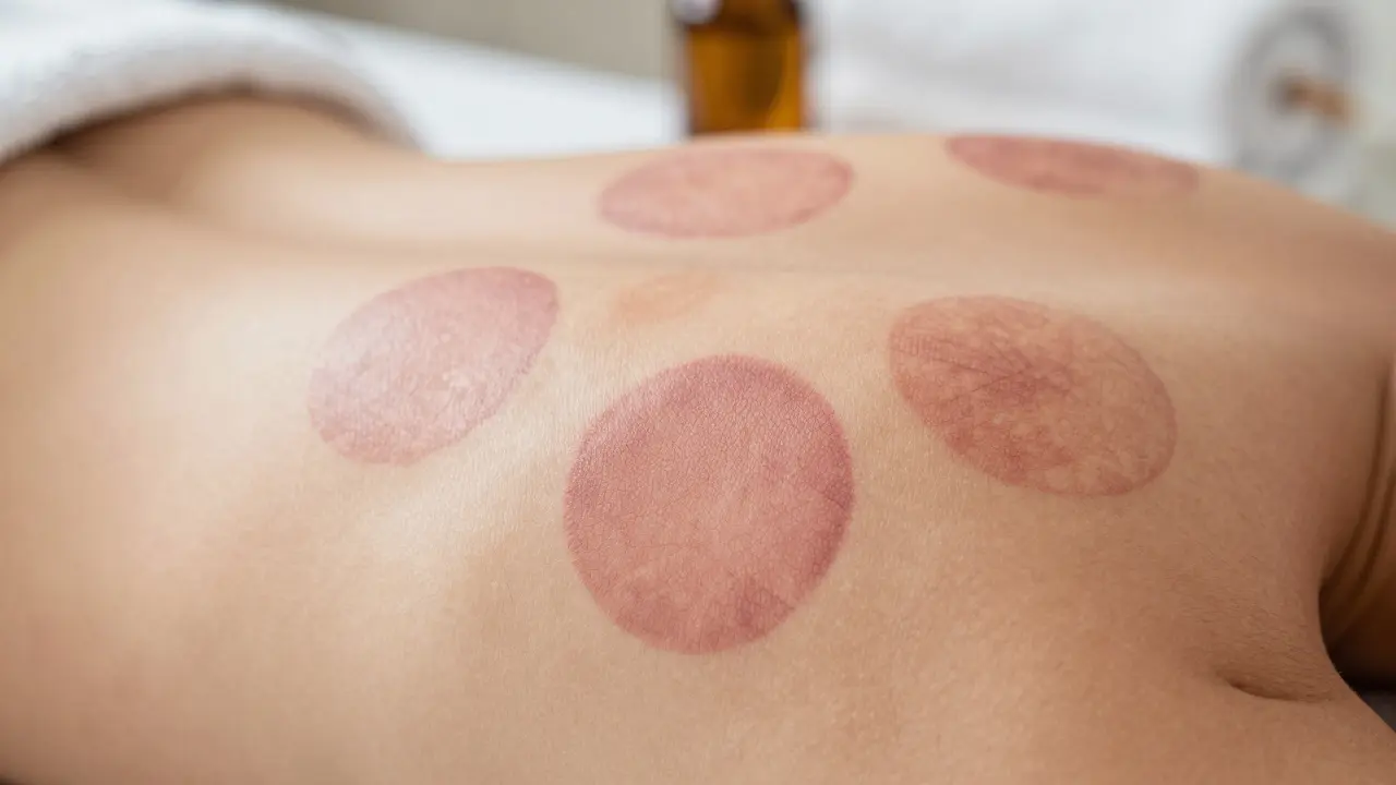 Circular marks on skin after cupping therapy, showing no bruising or damage
