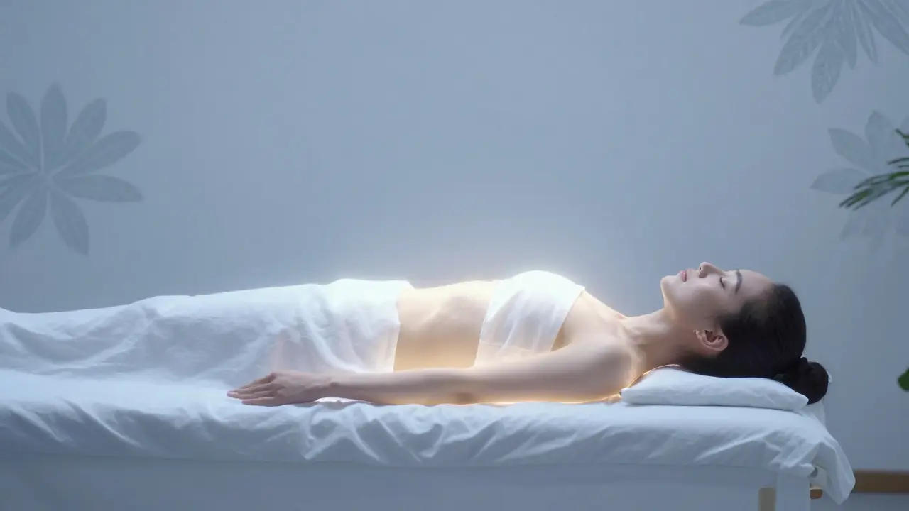 Client glowing with soft light during emotional release in Lomi Lomi session.