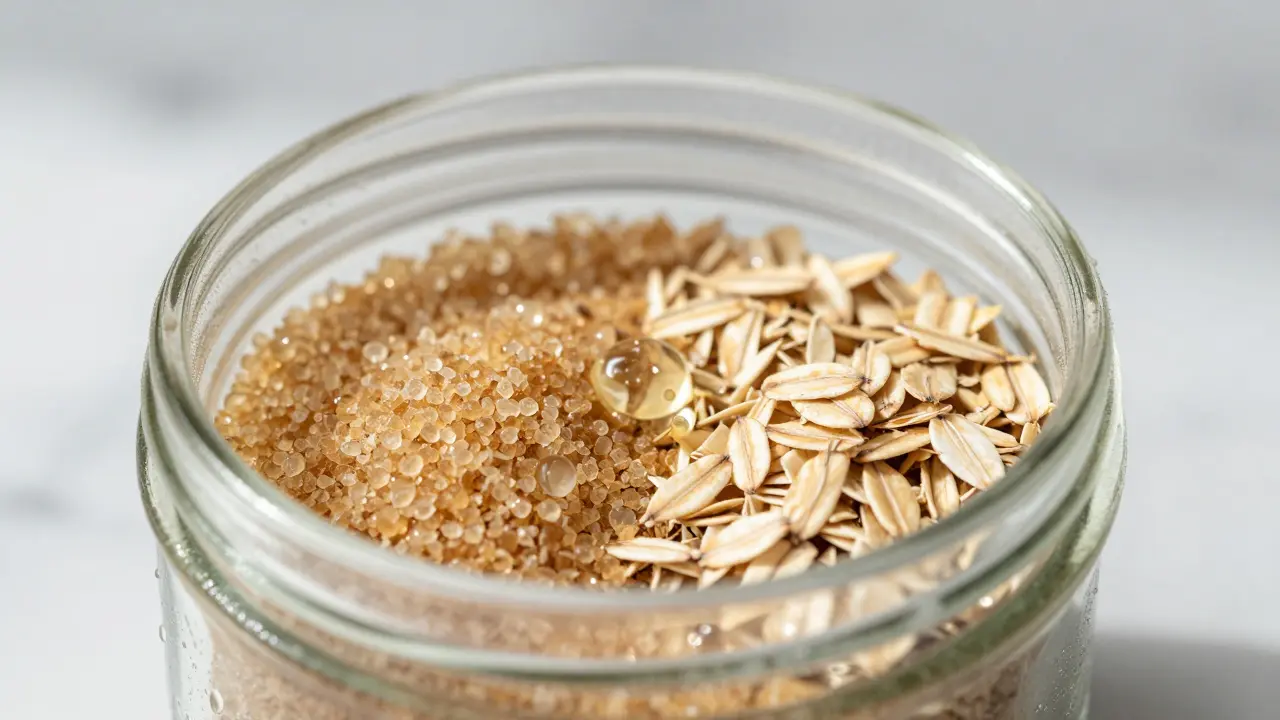 Close-up of a glass jar containing natural scrub ingredients: sugar, coconut oil, and oatmeal, with sunlight highlighting the textures.