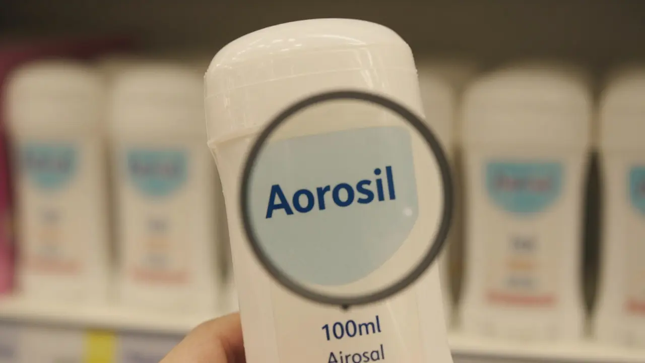 Close-up of deodorant label showing '100ml' and 'Aerosol' text for travel compliance.