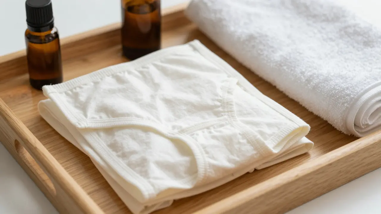 Close-up of disposable paper underwear and a folded towel on a wooden tray with essential oil bottle.