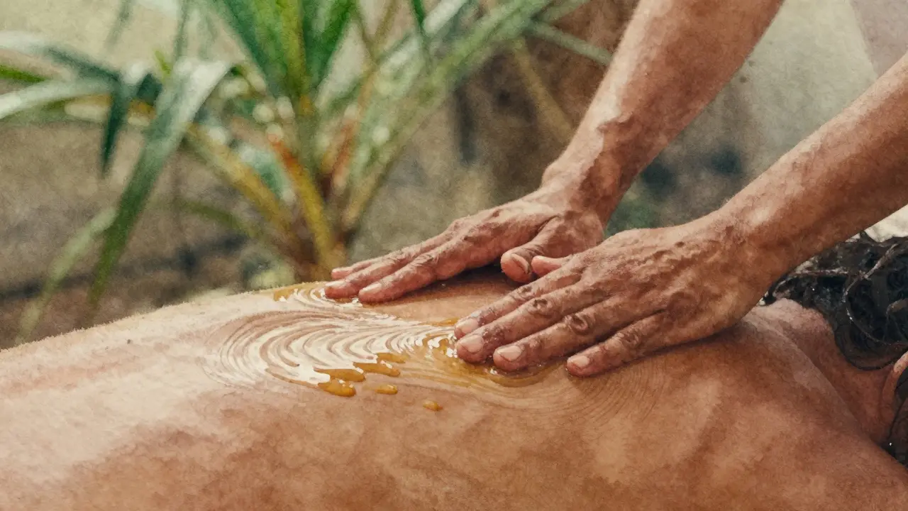 Close-up of forearms moving in wave-like strokes with oil during Lomi Lomi massage.