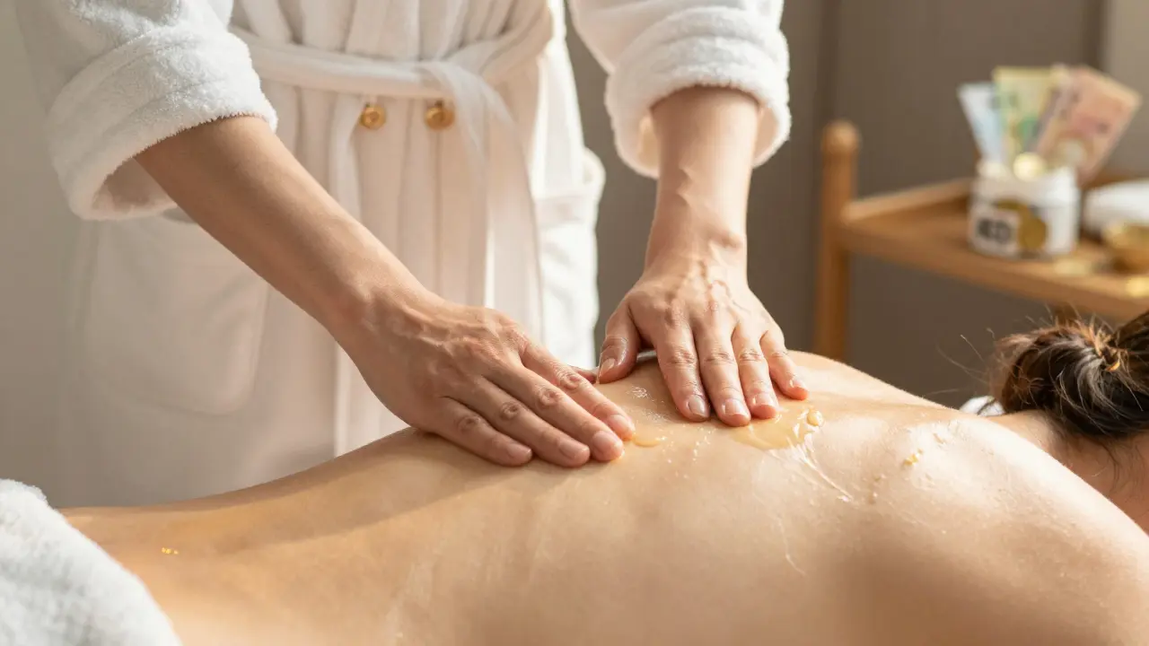 Close-up of hands applying massage oil with golden light and a tip jar in the background.