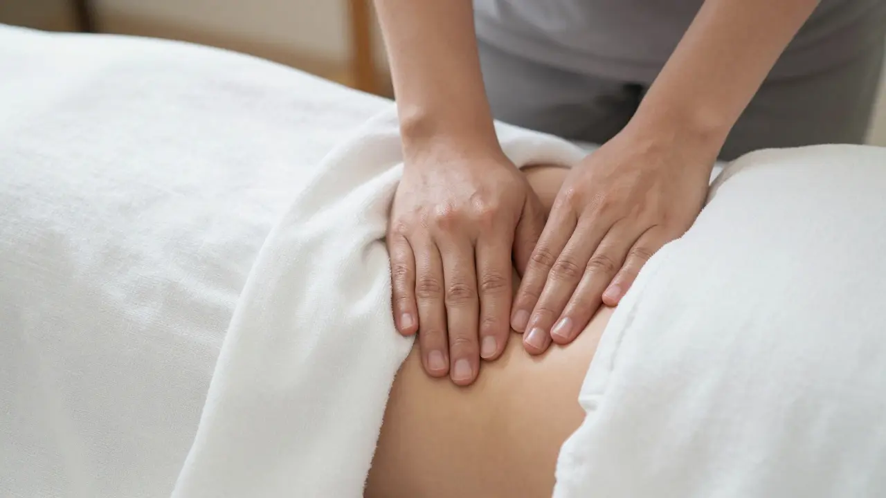 Close-up of hands massaging a back with only a small area exposed, the rest covered by linen sheets.