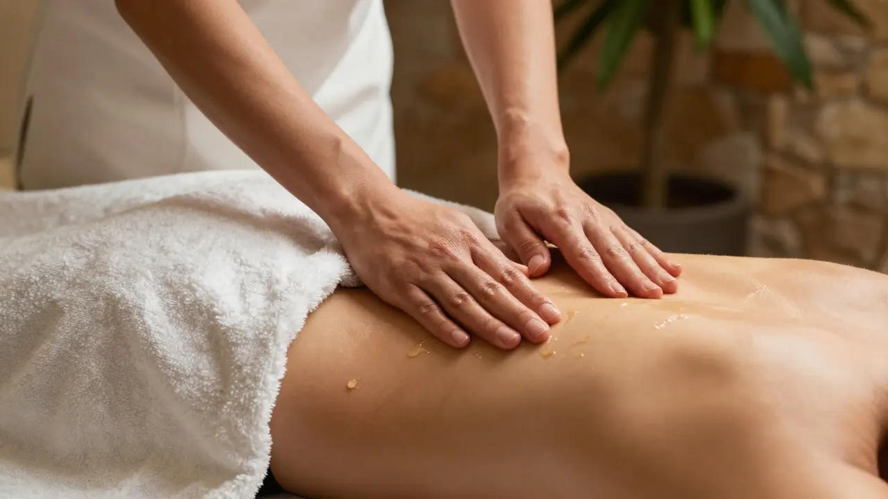Close-up of hands using warm oil on a back massage with towels ensuring modesty and professionalism.