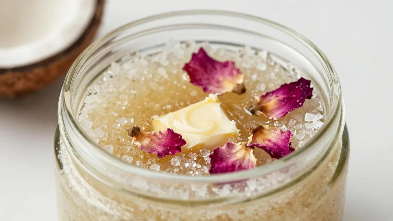 Close-up of natural body scrub in glass jar with sugar, oil, and rose petals.