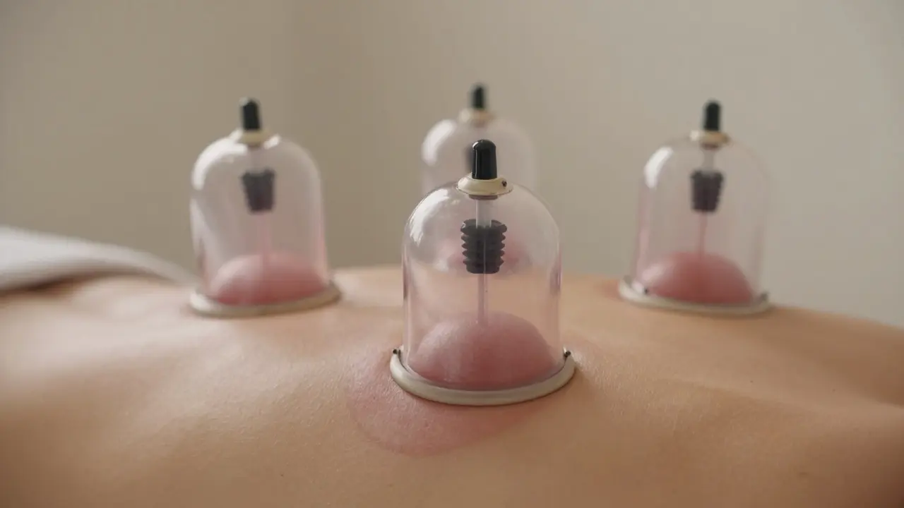 Cupping cups on a back with faint red marks, showing tissue lift and circulation.