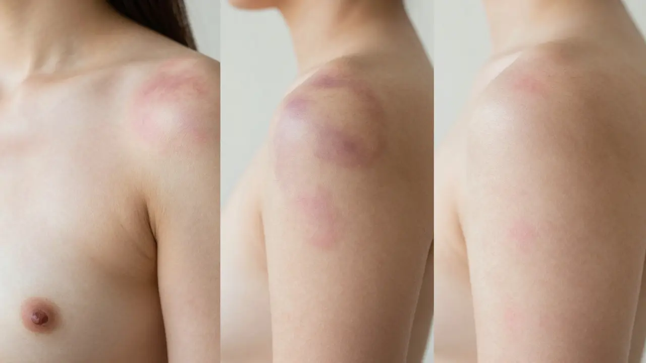 Fading cupping marks on skin over five days, showing progression from dark purple to faint pink tones.