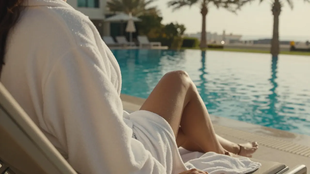 Guest in swimsuit under robe relaxing by pool at Dubai spa resort